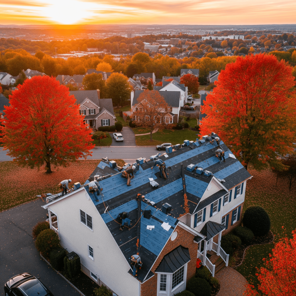Fairfax roofing contractors performing roof replacement Fairfax VA on a two-story home